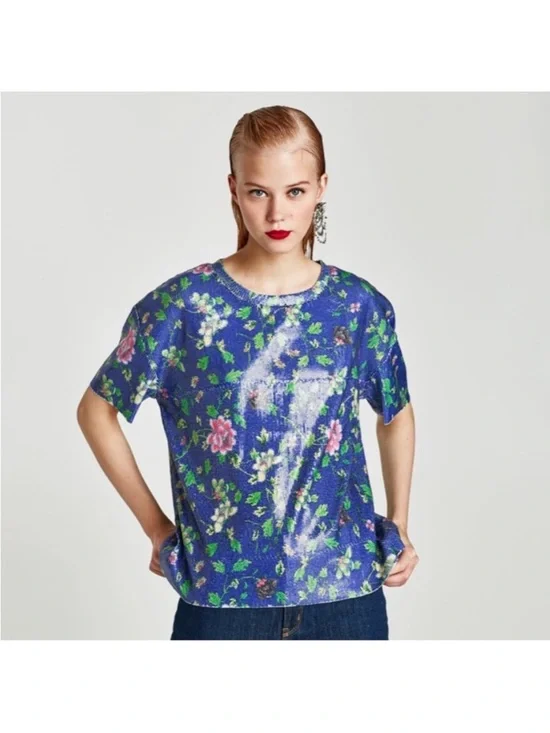 ZARA Blue Pink and Green Floral Sequin Top - Picture 2 of 8